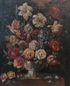 English School (20th century): Still Life of Flowers on a Ledge