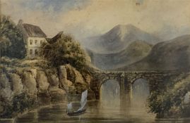 Charles James Lewis RI (British 1830-1892): Sailing Boat and Viaduct