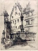 Adeline S Illingworth (British 1858 - 1930): 'Fountain Near the Market Place Rothenburg' etching sig