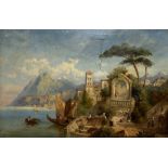 John Bell (British 1812-1895): Italianate Capriccio Landscape with Sailing Boats and Figures