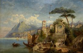 John Bell (British 1812-1895): Italianate Capriccio Landscape with Sailing Boats and Figures
