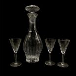 Waterford Innisfail pattern decanter together with three Waterford Shelia pattern drinking glasses (