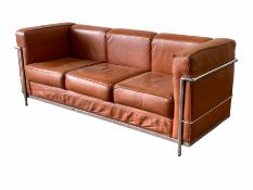 After Le Corbusier - 'LC2' design 20th century three seat sofa with chrome frame and brown leather u