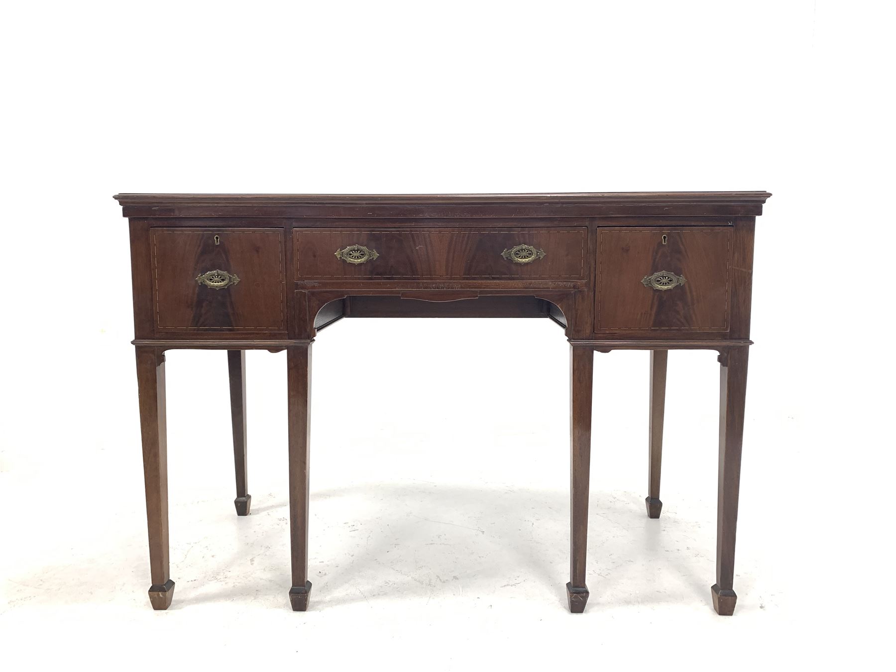 Edwardian inlaid mahogany kneehole side table