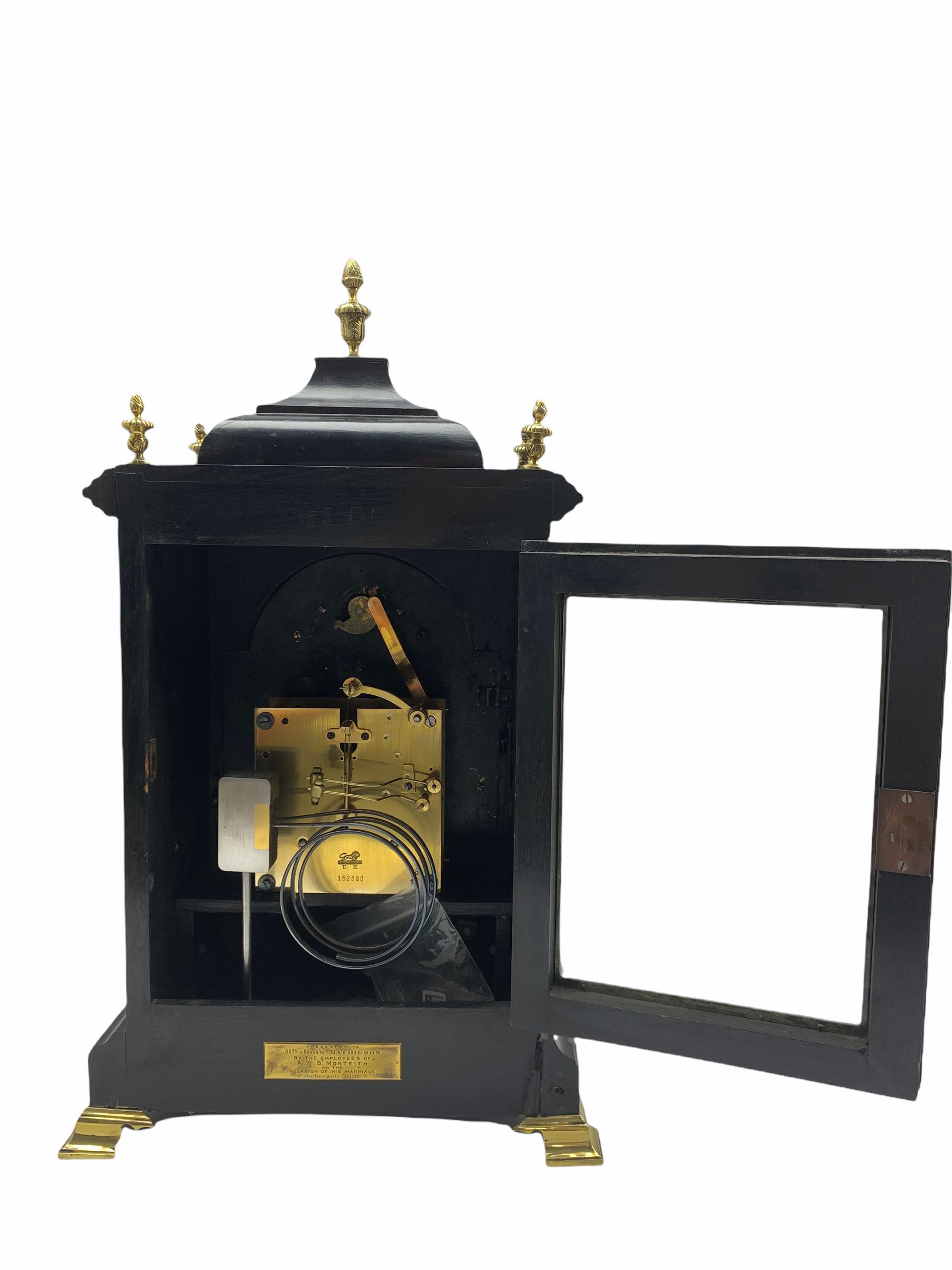Early 20th century eight-day ebonised German bracket clock with a two train striking movement - Image 5 of 5