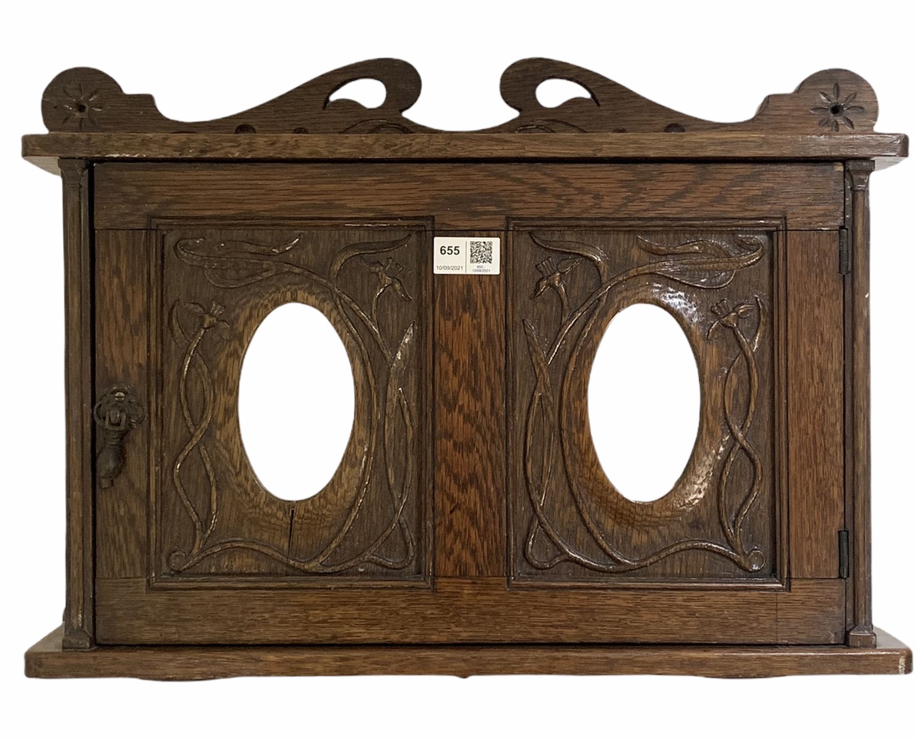 Early 20th century art nouveau period oak wall hanging cabinet