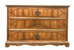 Continental inlaid walnut chest fitted with three long drawers