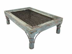 Indian painted hardwood coffee table with ironwork top