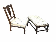 Edwardian mahogany bedroom chair with floral carving to crest rail (W46cm) and a cane footstool with