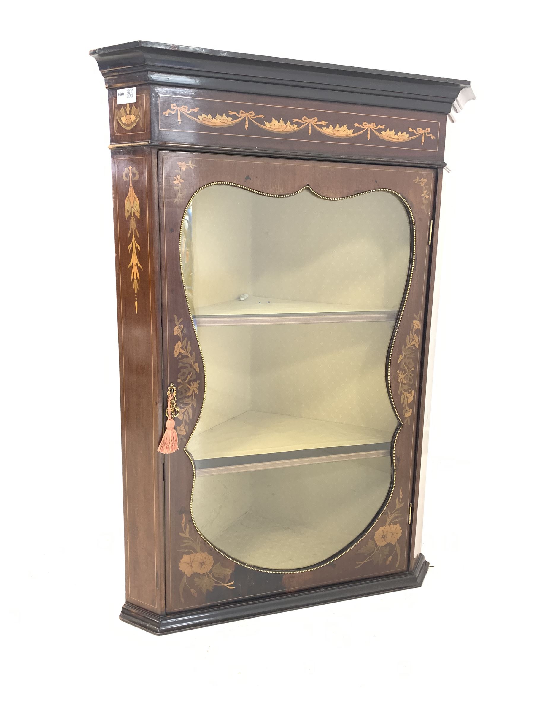 Edwardian Sheraton design inlaid mahogany corner cabinet with glazed door enclosing two shelves W70c