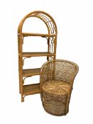 Mid century cane cylindrical conservatory chair (W58cm) together with a mid century bamboo four tier