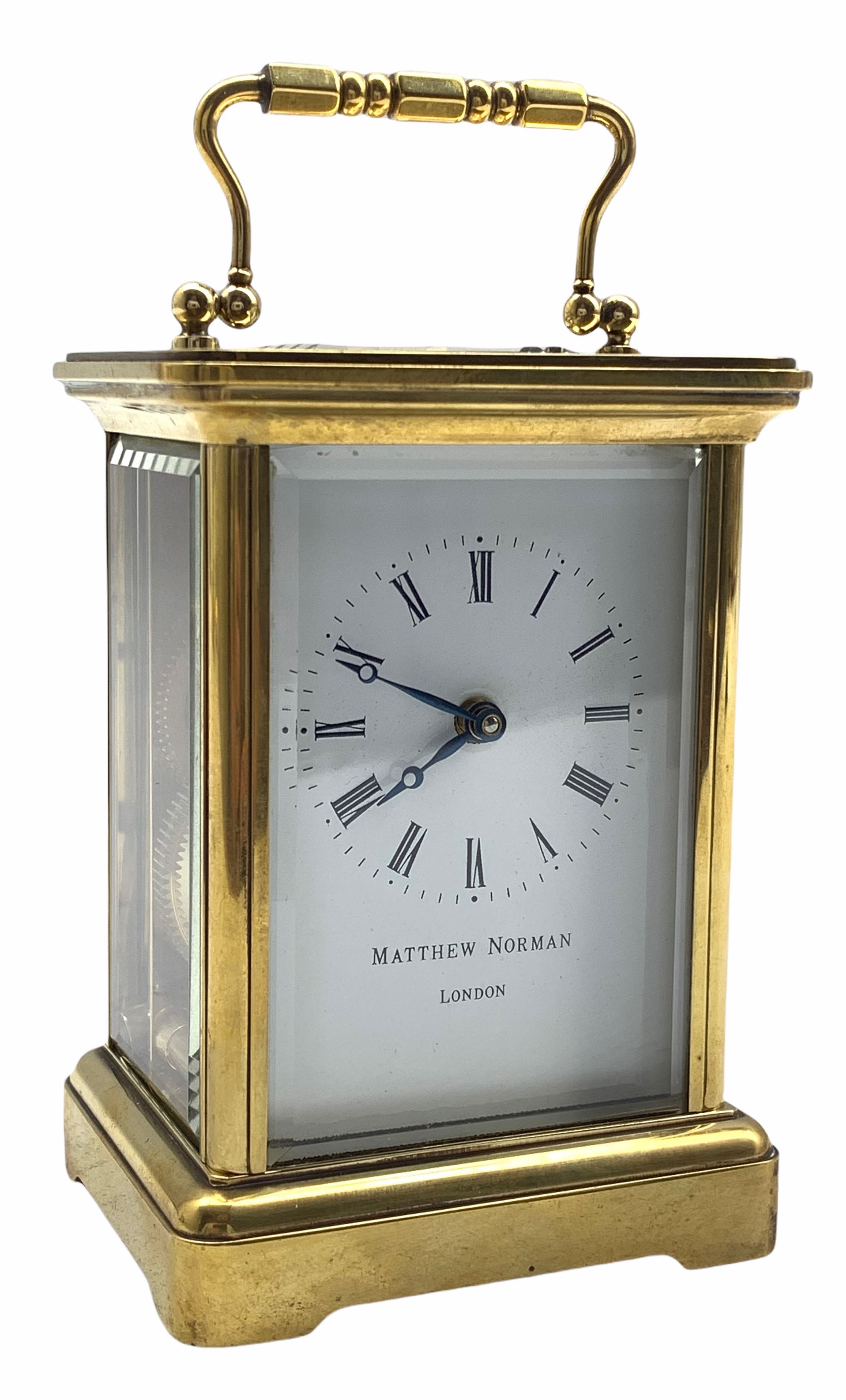 20th Century Mathew Norman eight-day Corniche cased timepiece carriage clock with a lever platform e