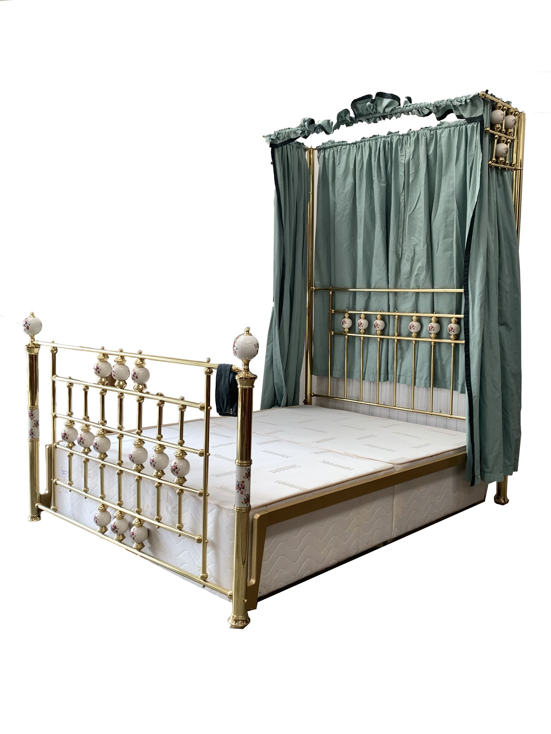 Victorian style brass 4� 6� double half tester bed with porcelain finials