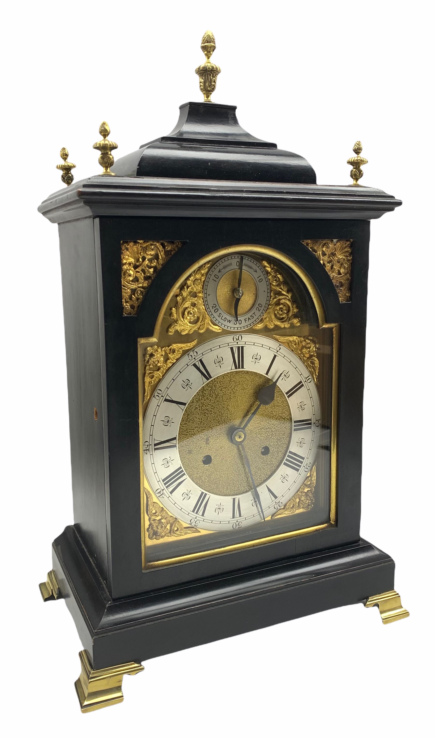 Early 20th century eight-day ebonised German bracket clock with a two train striking movement