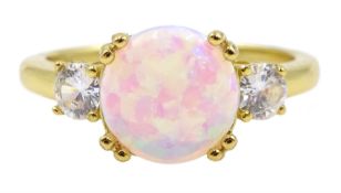 Silver-gilt three stone opal and cubic zirconia ring