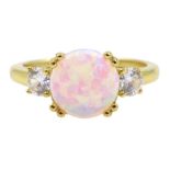 Silver-gilt three stone opal and cubic zirconia ring