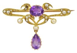 Art Nouveau gold oval and pear shaped amethyst and split pearl brooch