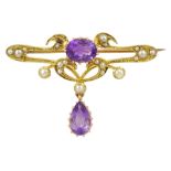 Art Nouveau gold oval and pear shaped amethyst and split pearl brooch