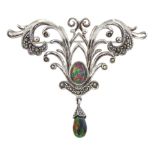 Silver opal and marcasite brooch