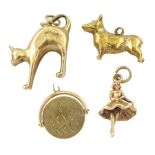 Four 9ct gold charms including corgi