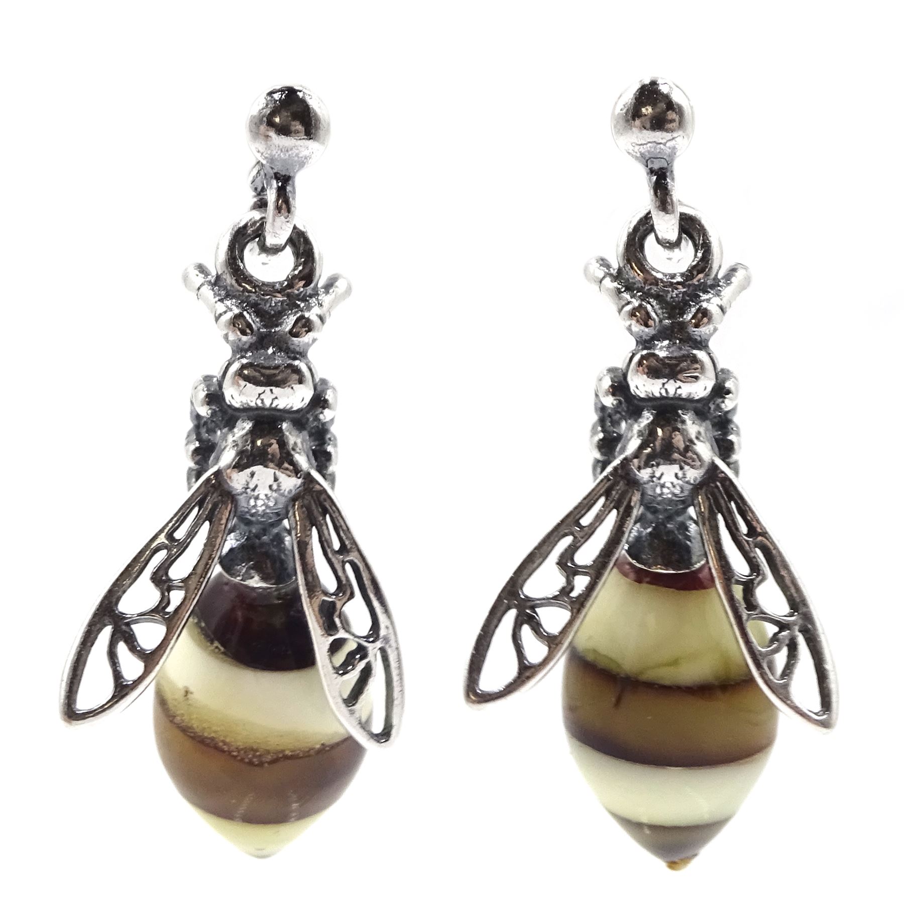 Pair of silver amber bee pendant stud earrings