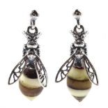 Pair of silver amber bee pendant stud earrings