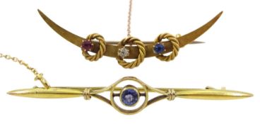 Early 20th century gold diamond and stone set half crescent brooch