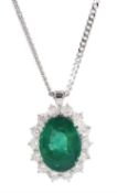 18ct white gold Zambian emerald and diamond cluster pendant necklace