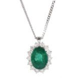 18ct white gold Zambian emerald and diamond cluster pendant necklace