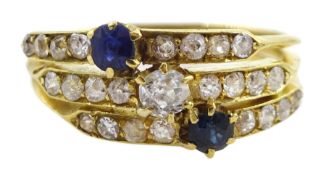 18ct gold diamond and sapphire trinity ring