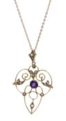 Edwardian gold amethyst and split pearl pendant necklace