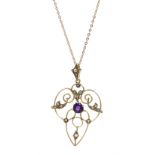 Edwardian gold amethyst and split pearl pendant necklace