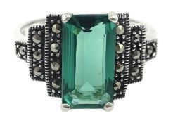 Silver green stone and marcasite stepped design ring