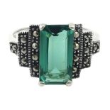 Silver green stone and marcasite stepped design ring