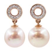 Pair of gold pearl and diamond pendant earrings
