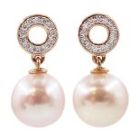 Pair of gold pearl and diamond pendant earrings