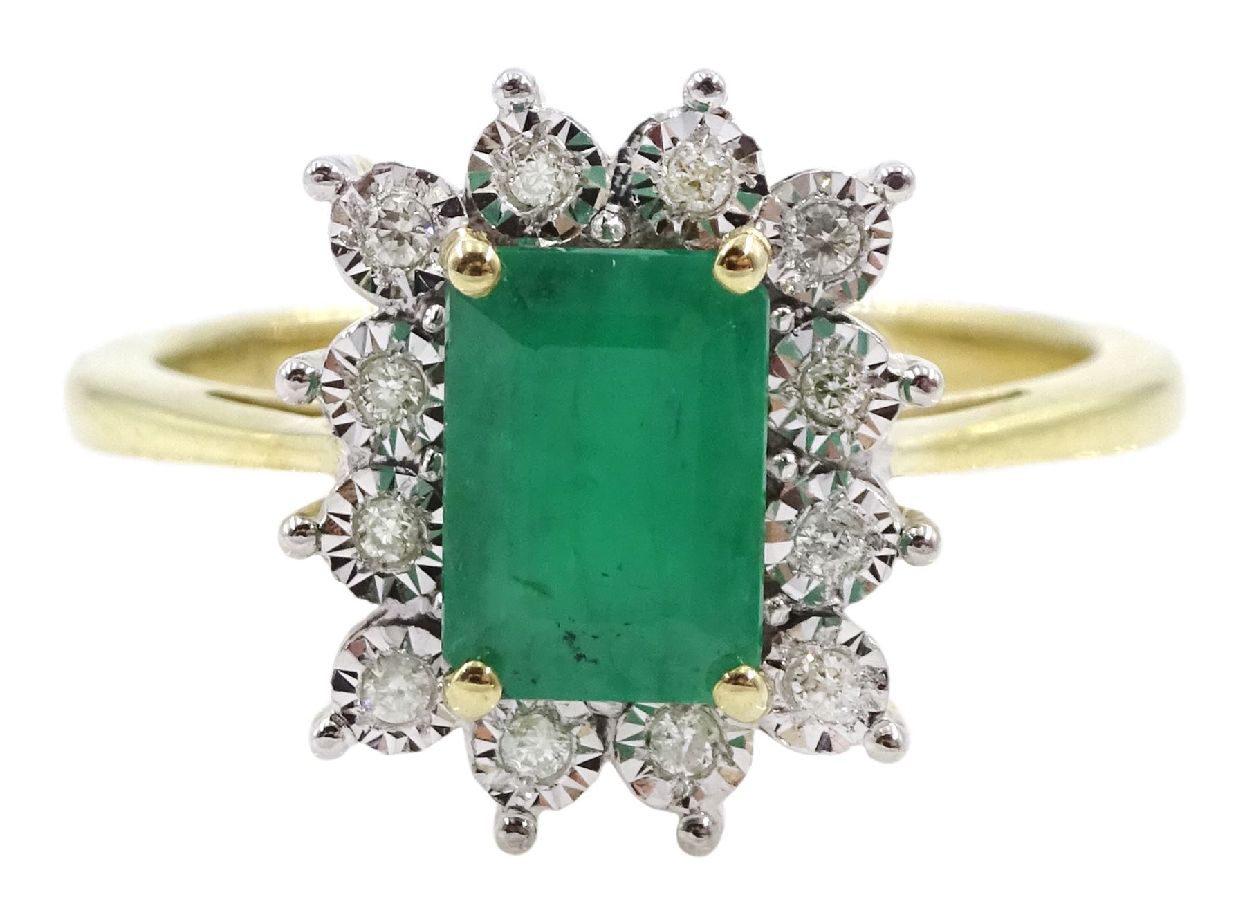 9ct gold emerald and round brilliant cut diamond cluster ring