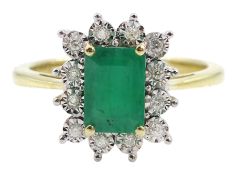 9ct gold emerald and round brilliant cut diamond cluster ring