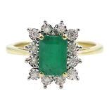 9ct gold emerald and round brilliant cut diamond cluster ring