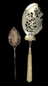 19th century Continental silver fish or pastry server with pierced and chased blade and mother of pe