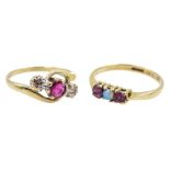 Gold amethyst and opal three stone ring and a gold ruby and diamond three stone ring