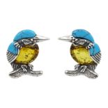 Pair of silver Baltic amber and turquoise kingfisher stud earrings