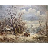 English School (19th century): Winter Landscape with Horses and Figures Walking Towards Town