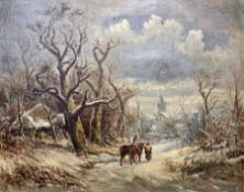 English School (19th century): Winter Landscape with Horses and Figures Walking Towards Town