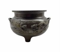 19th century Japanese bronze two handled jardiniere decorated with a raised pattern of dragons etc a