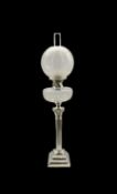 Edwardian silver-plated Corinthian column table lamp on square stepped base with cut glass reservoir