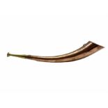 A brass and copper curved hunting horn with hammered finish