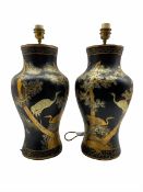 Pair of Oriental design black lacquer baluster table lamps with gilt decoration H46cm excluding fitt