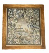 1940's wool tapestry worked with Herons beside a lake and a wooded landscape signed and dated Blanch
