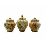 Pair of Royal Worcester pot pourris and covers decorated with floral sprays on a blush ivory ground